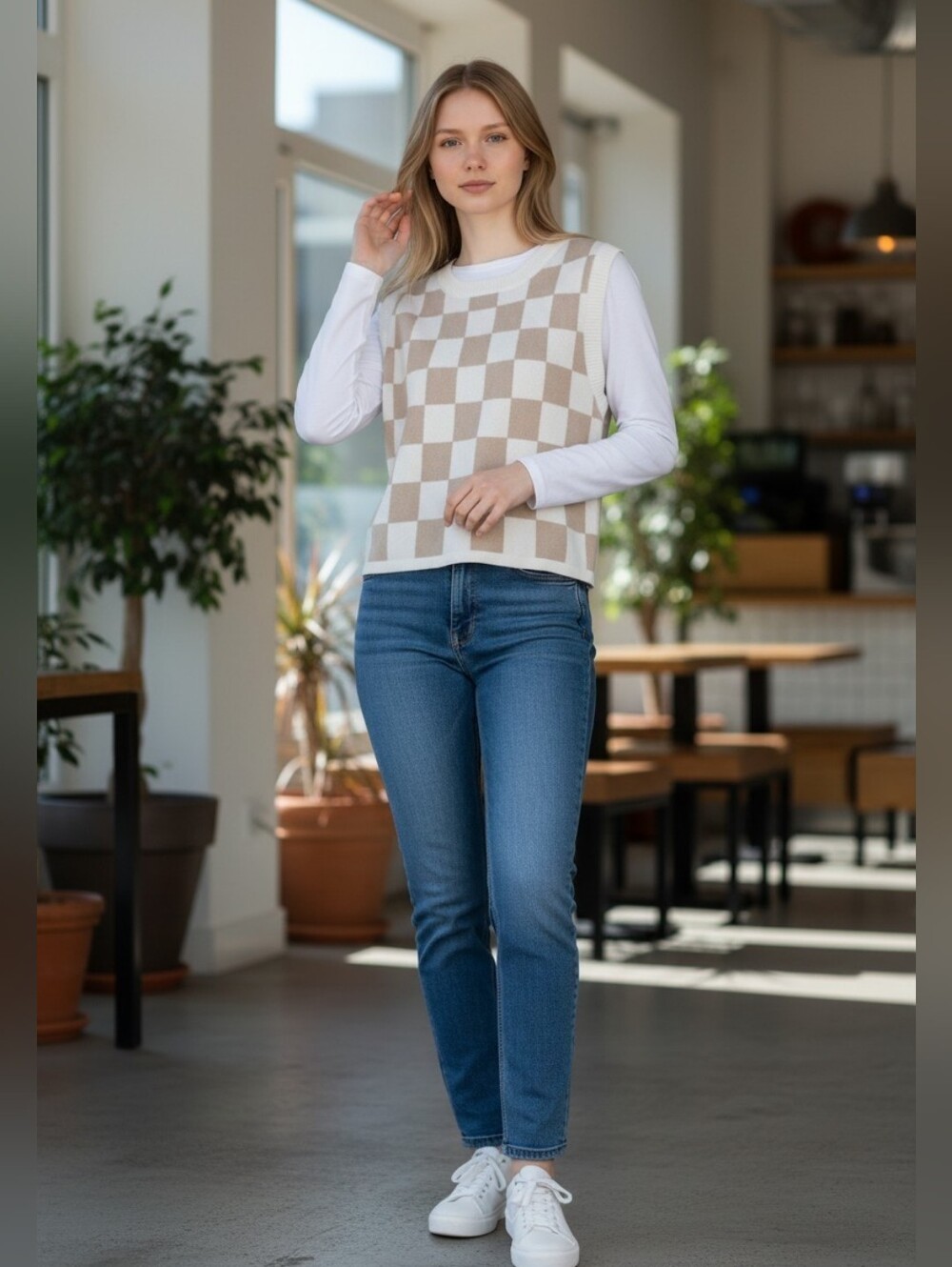 Luna Ivy Sleeveless Sweater Vest Checkerboard Knit - Beige & White